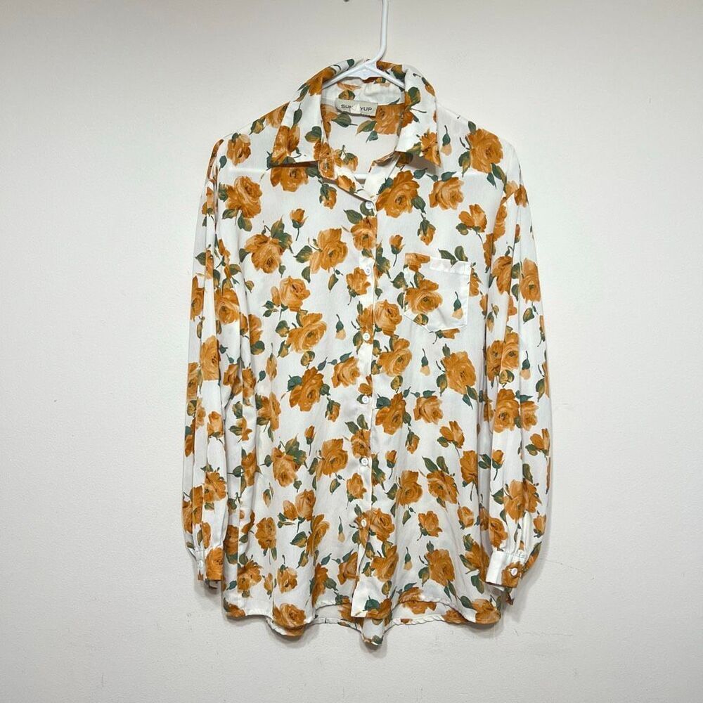 Sunday UP Long Sleeve Button Down White Orange Floral Top M/L